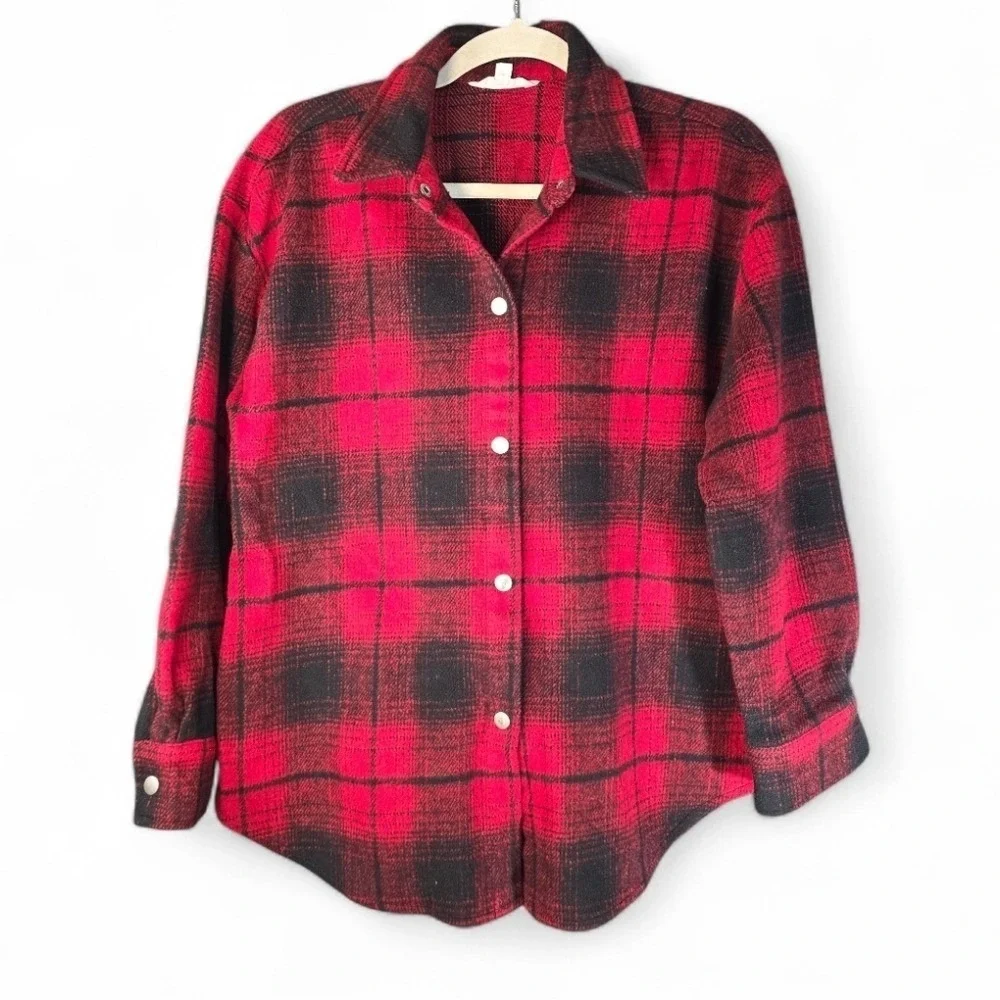 Steve Madden Sophia‎ Shacket Small Red and Black Plaid Snap Front Wool Blend